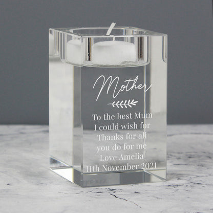 Personalised Leaf Free Text Glass Tea Light Holder