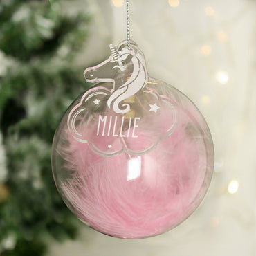 Personalised Pink Feather Glass Bauble With Unicorn Tag