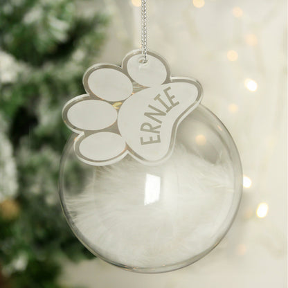 Personalised Pets White Feather Glass Bauble With Paw Print Tag