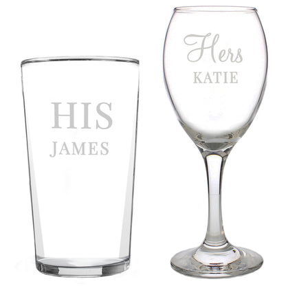 Personalised His & Her Pint and Wine Glass Set