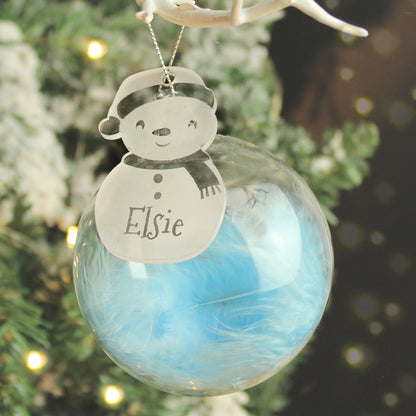 Personalised Snowman Acrylic Blue Feather Bauble