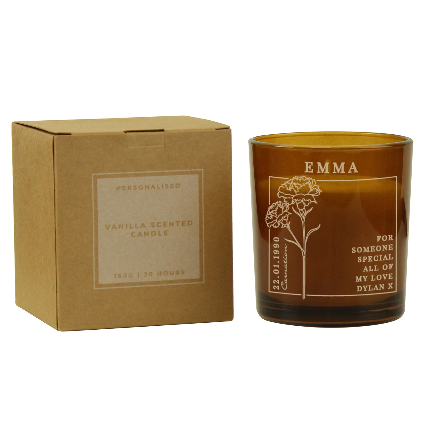 Personalised January Birth Flower Amber Glass Candle