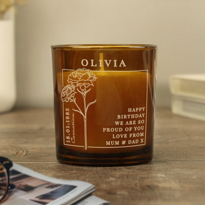 Personalised January Birth Flower Amber Glass Candle