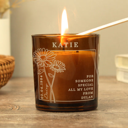 Personalised April Birth Flower Amber Glass Candle