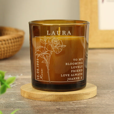 Personalised June Birth Flower Amber Glass Candle