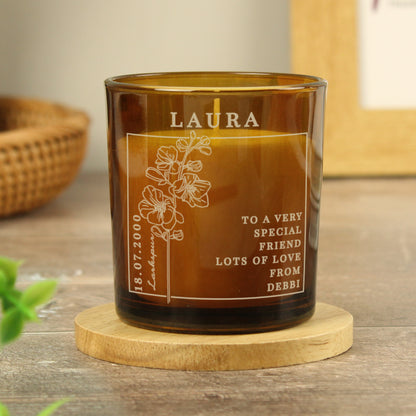 Personalised July Birth Flower Amber Glass Candle