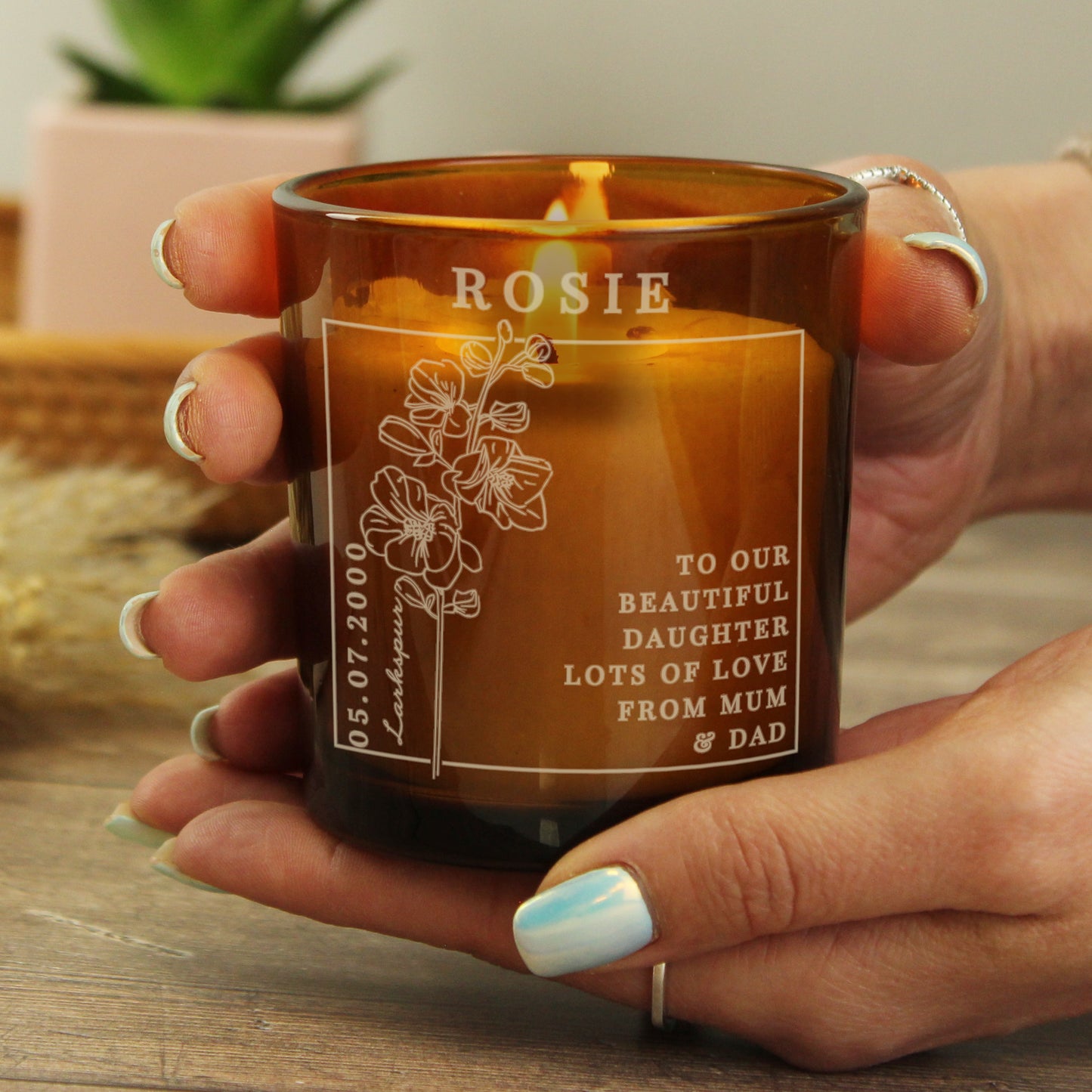 Personalised July Birth Flower Amber Glass Candle