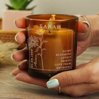 Personalised September Birth Flower Amber Glass Candle