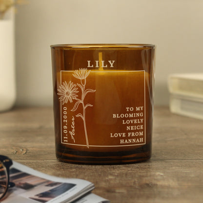 Personalised September Birth Flower Amber Glass Candle