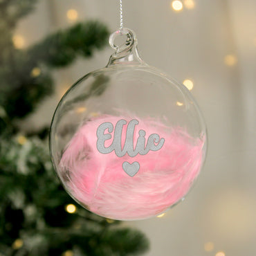 Personalised Pink Feather Silver Heart Glass Bauble