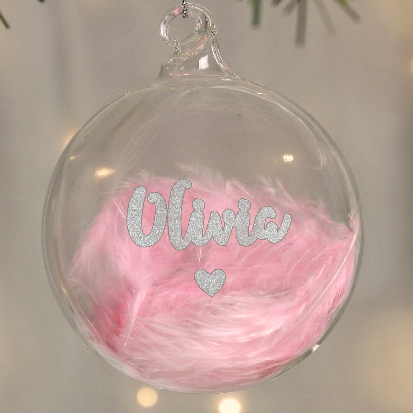 Personalised Pink Feather Silver Heart Glass Bauble