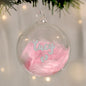 Personalised Pink Feather Silver Footprints Glass Bauble