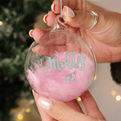 Personalised Pink Feather Silver Footprints Glass Bauble