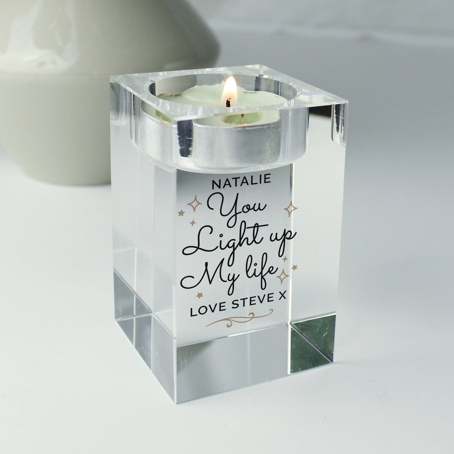 Personalised You Light Up My Life Glass Tea Light Holder