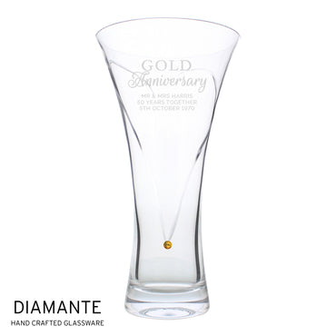 Personalised Gold Anniversary Large Hand Cut Diamante Heart Vase