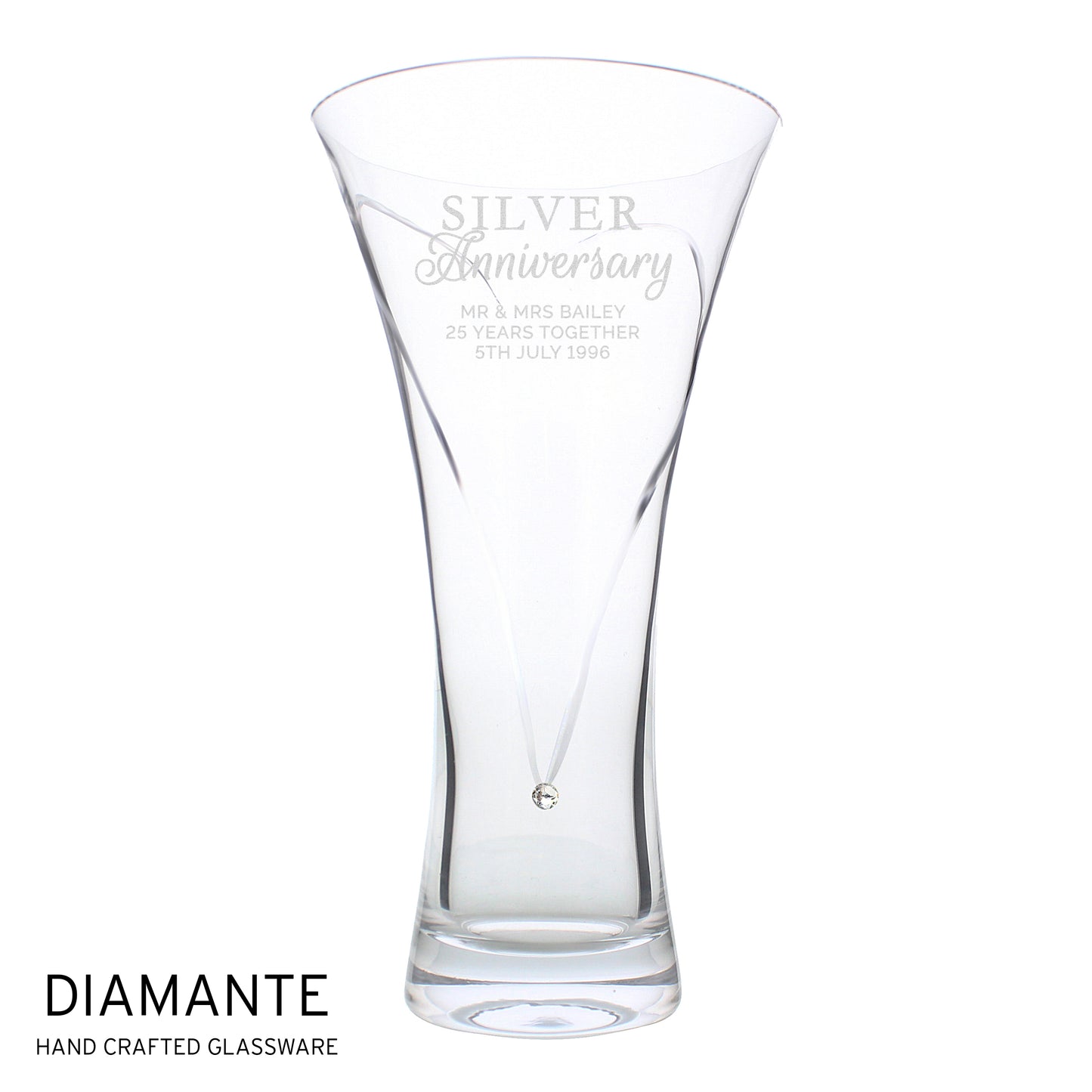 Personalised Silver Anniversary Large Hand Cut Diamante Heart Vase