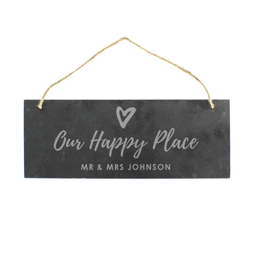 Personalised Our Happy Place Hanging Slate Plaque