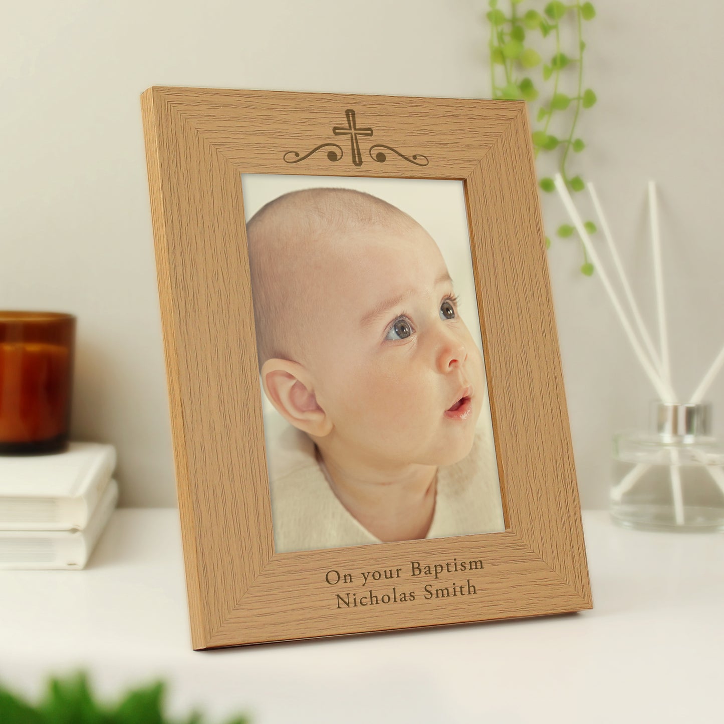 Personalised Religious Swirl 5x7 Oak Finish Photo Frame