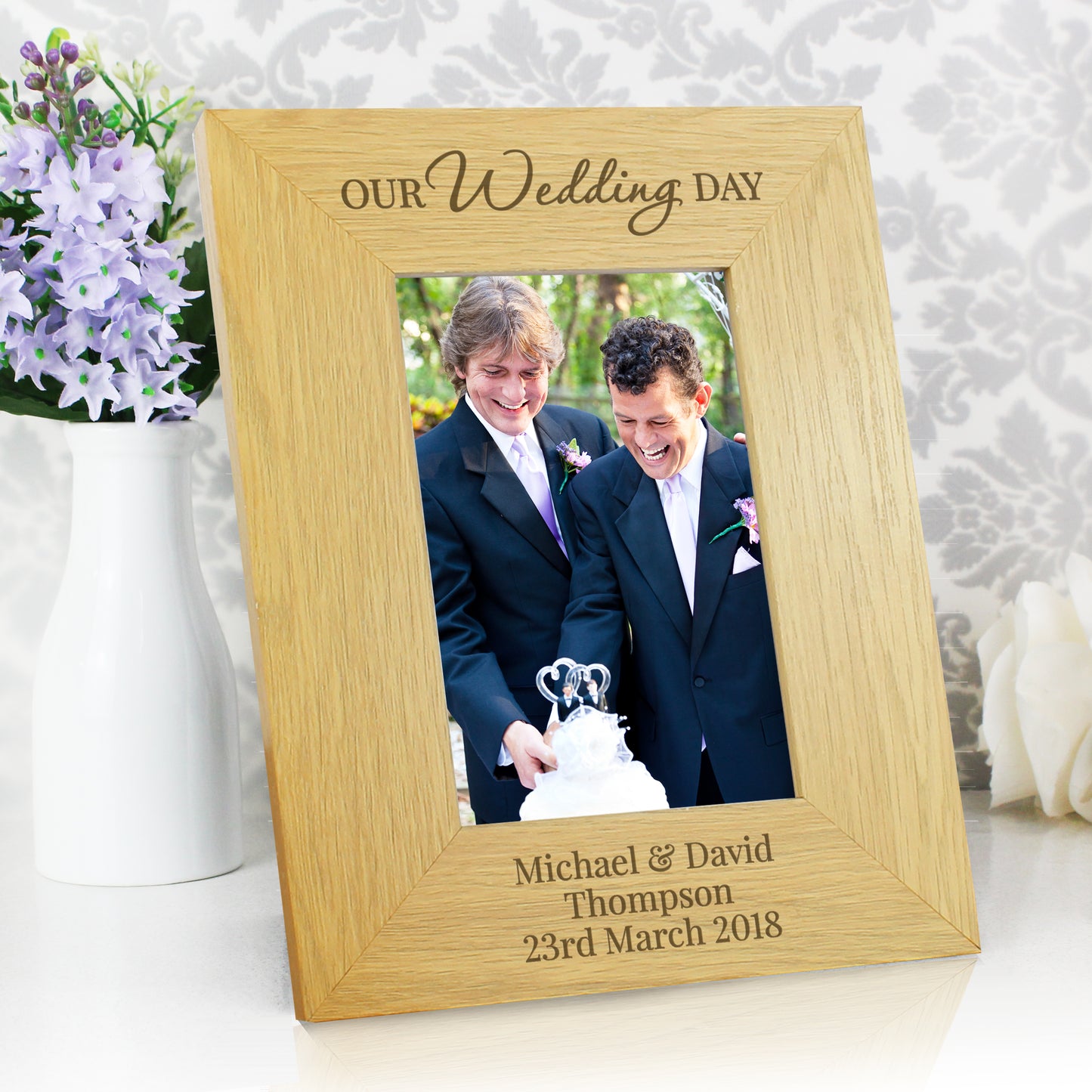 Personalised Our Wedding Day 6x4 Oak Finish Photo Frame