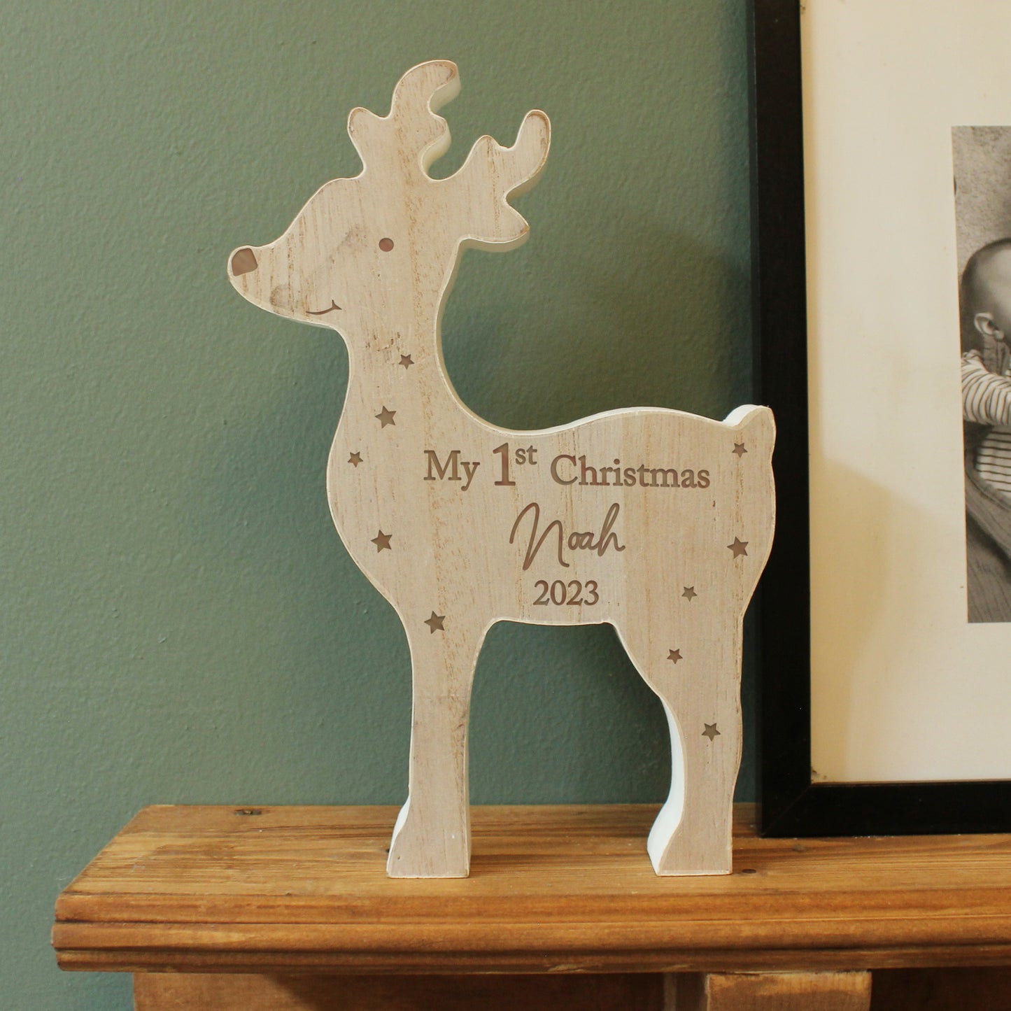 Personalised '1st Christmas' Rustic Wooden Reindeer Decoration