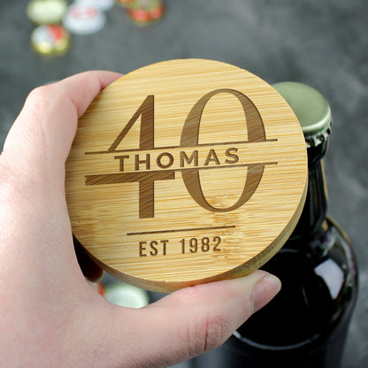 Personalised Big Age Bamboo Bottle Opener Coaster