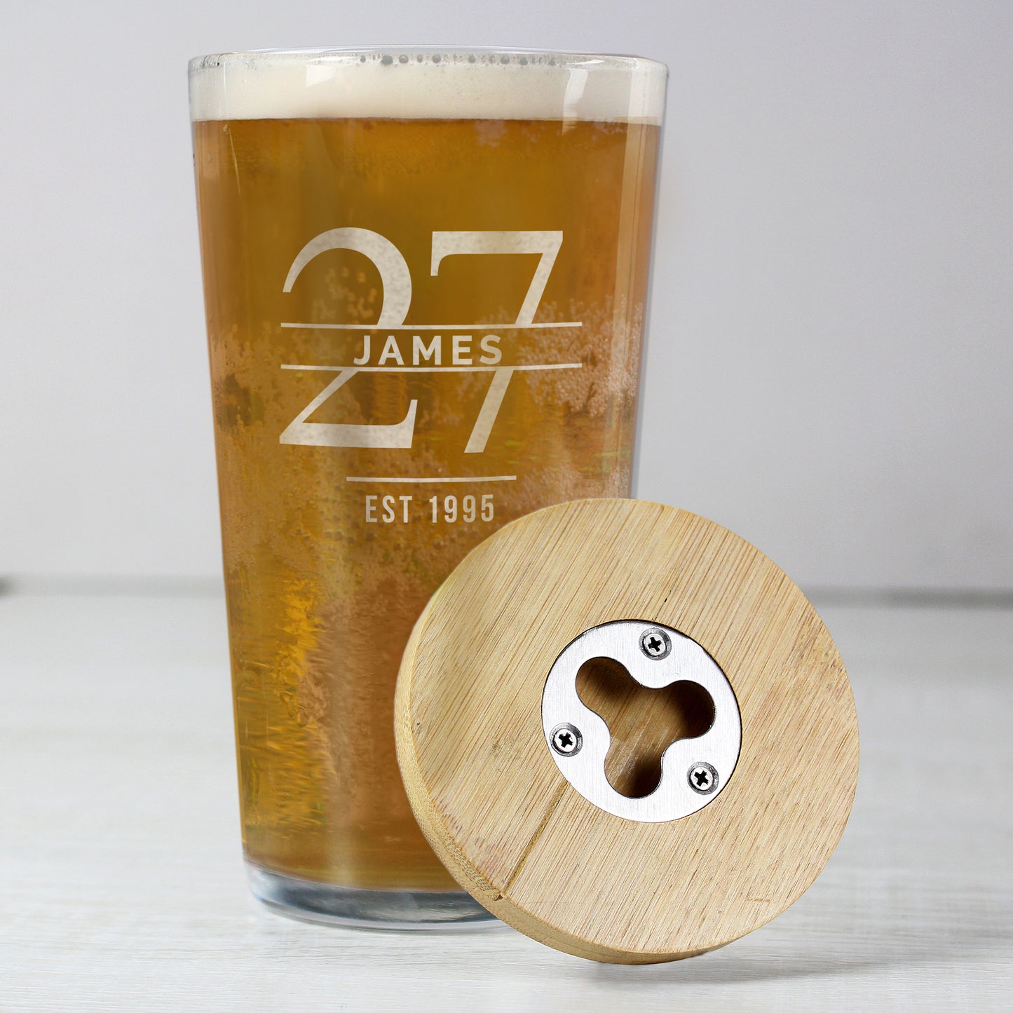 Personalised Big Age Bamboo Bottle Opener Coaster and Pint Glass Set