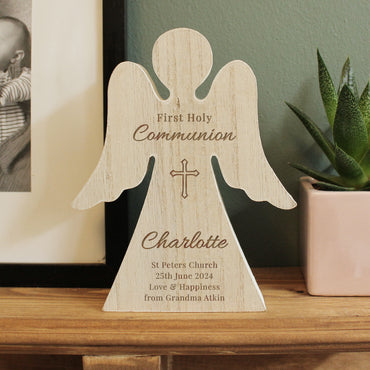 Personalised First Holy Communion Rustic Wooden Angel Decoration