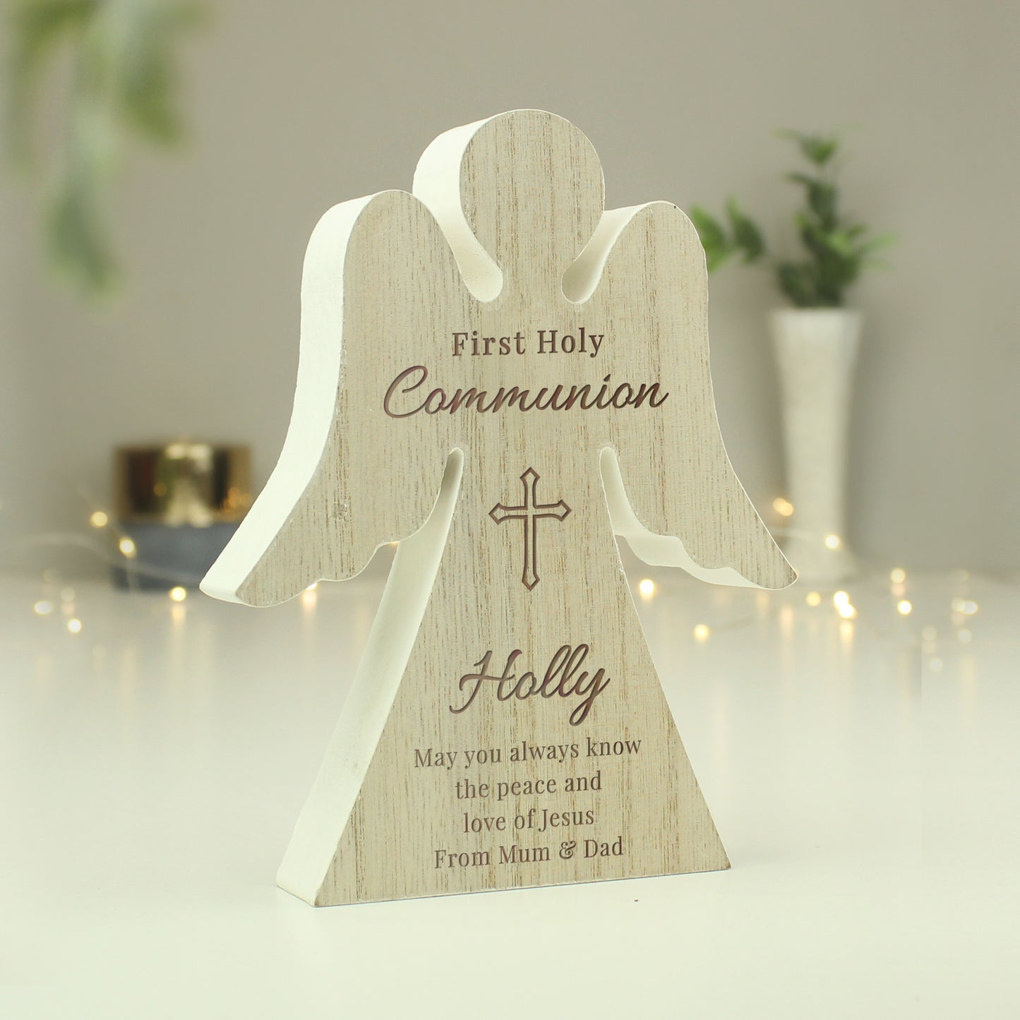 Personalised First Holy Communion Rustic Wooden Angel Decoration