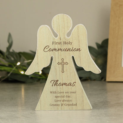 Personalised First Holy Communion Rustic Wooden Angel Decoration