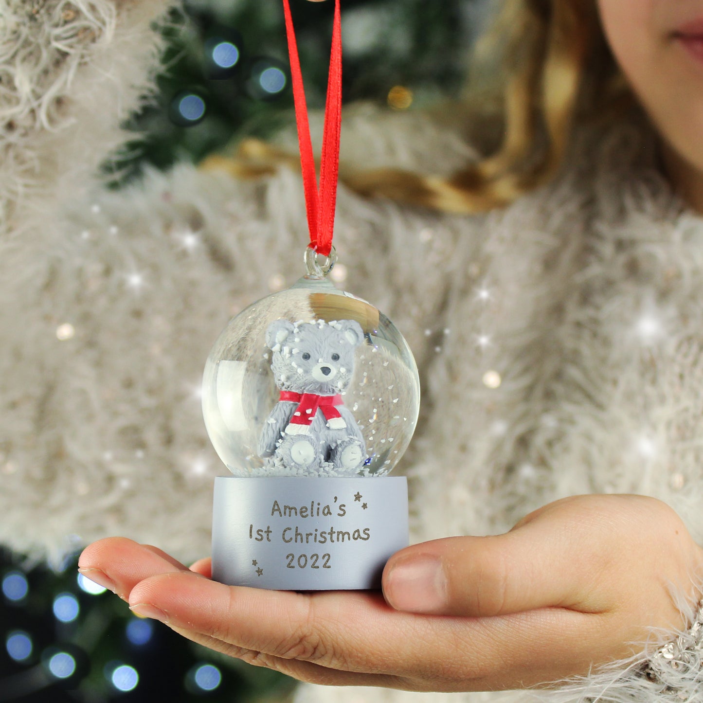 Personalised Message Teddy Bear Glitter Snow Globe Tree Decoration