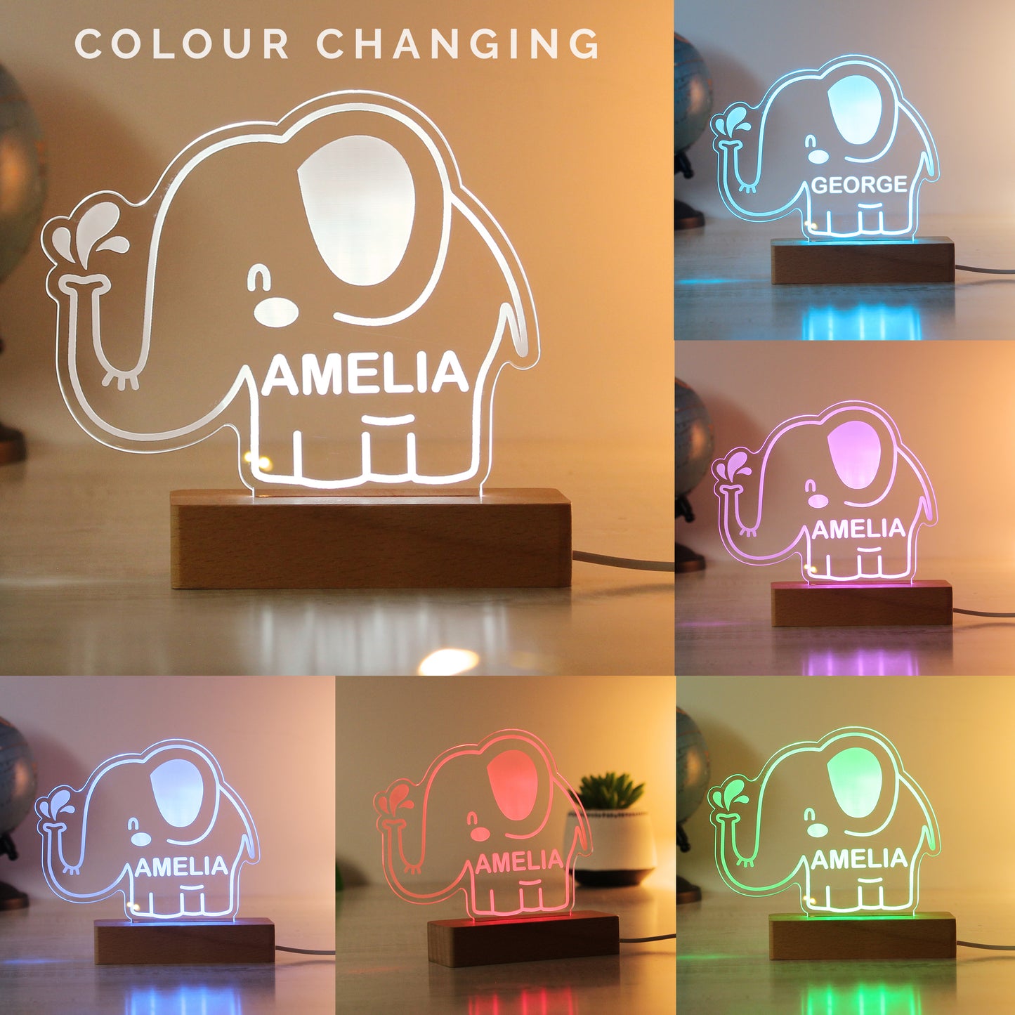 Personalised Elephant Wooden Based LED Light