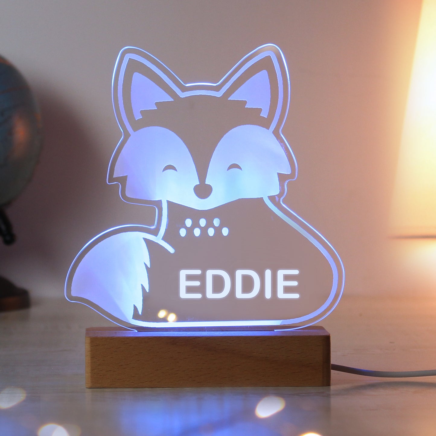 Personalised Fox Wooden Based LED Light