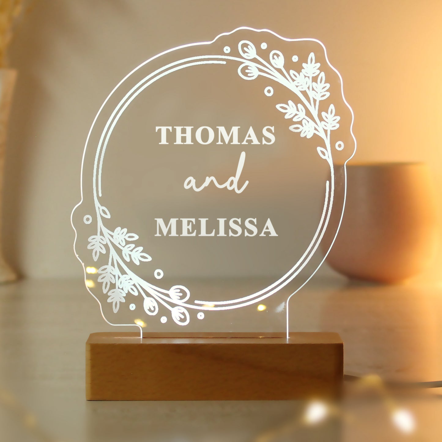 Personalised Floral Wooden Based LED Light