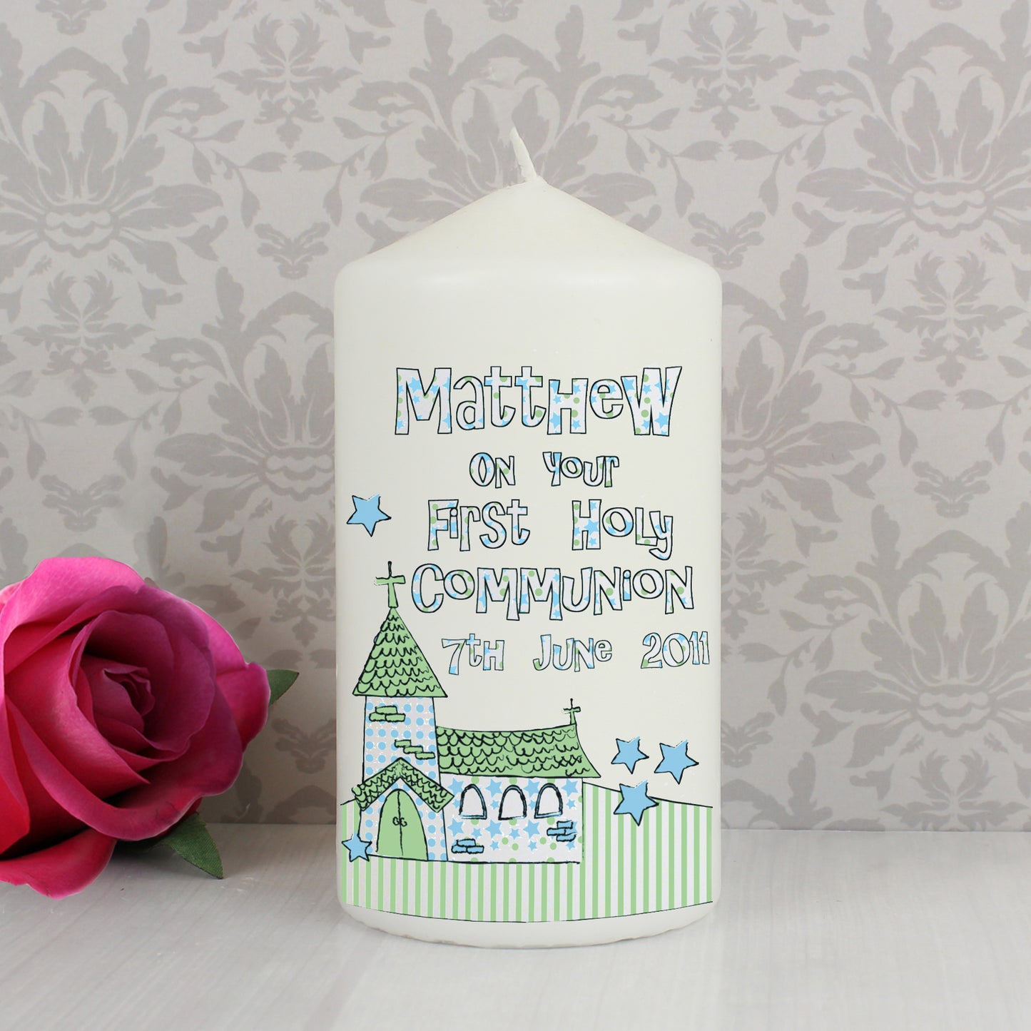 Personalised Whimsical Church Blue 1st Holy Communion Pillar Candle