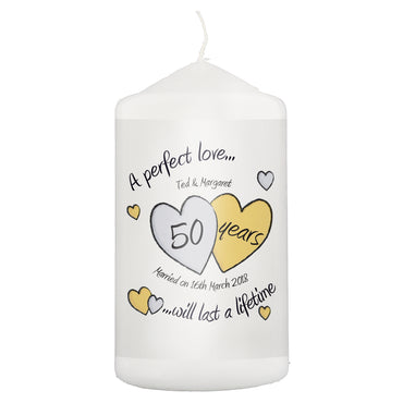 Personalised A Perfect Love Golden Anniversary Pillar Candle