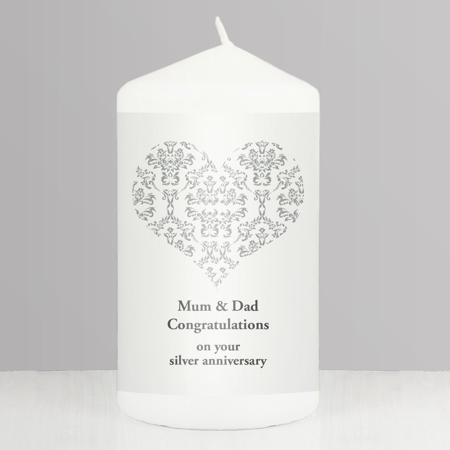 Personalised Silver Damask Heart Pillar Candle