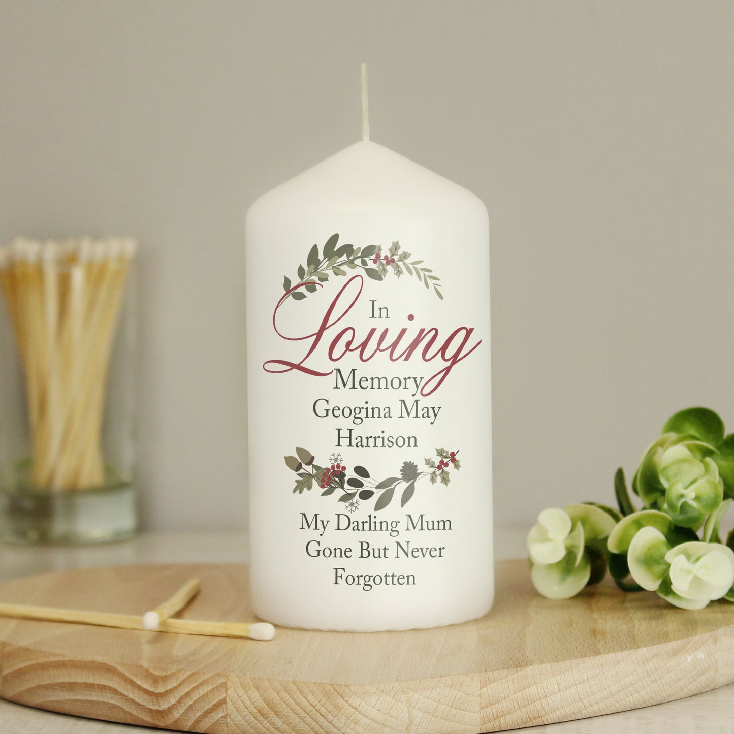 Personalised In Loving Memory Wreath Pillar Candle