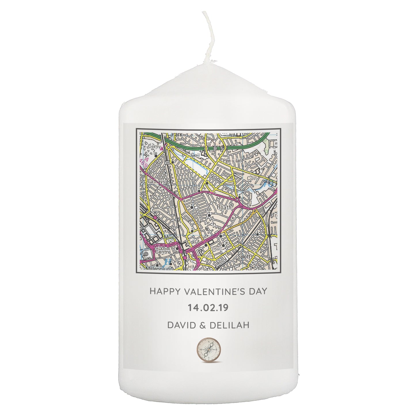 Personalised Present Day Map Compass Pillar Candle