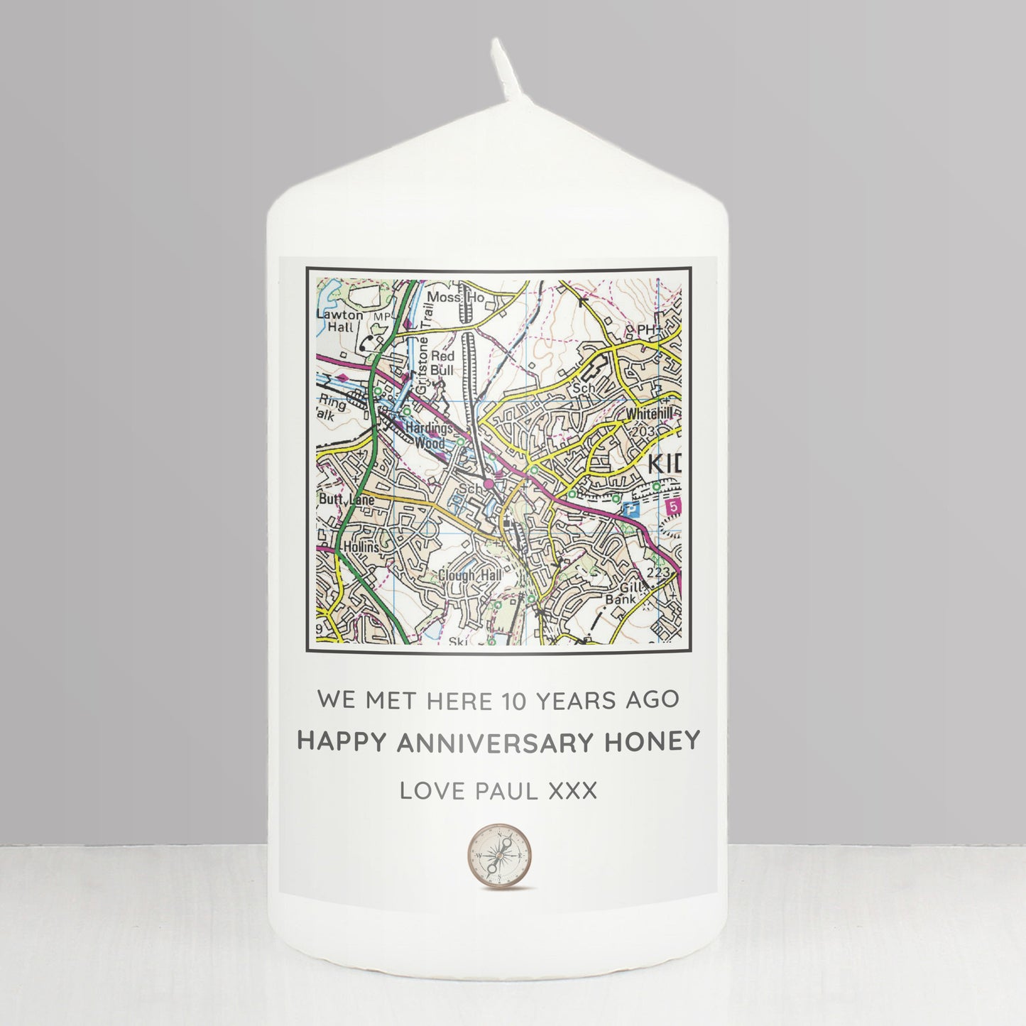 Personalised Present Day Map Compass Pillar Candle