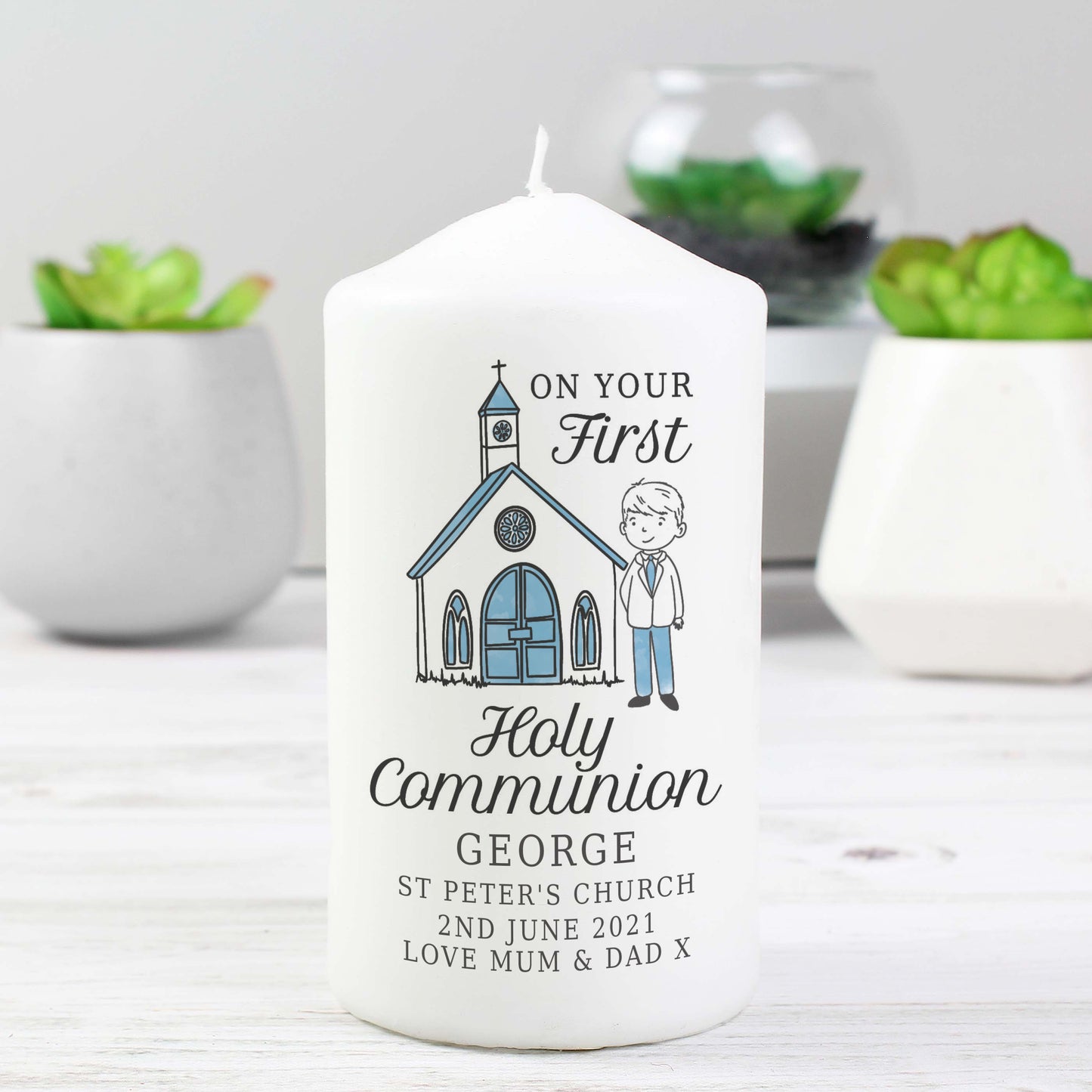 Personalised Boys First Holy Communion Pillar Candle