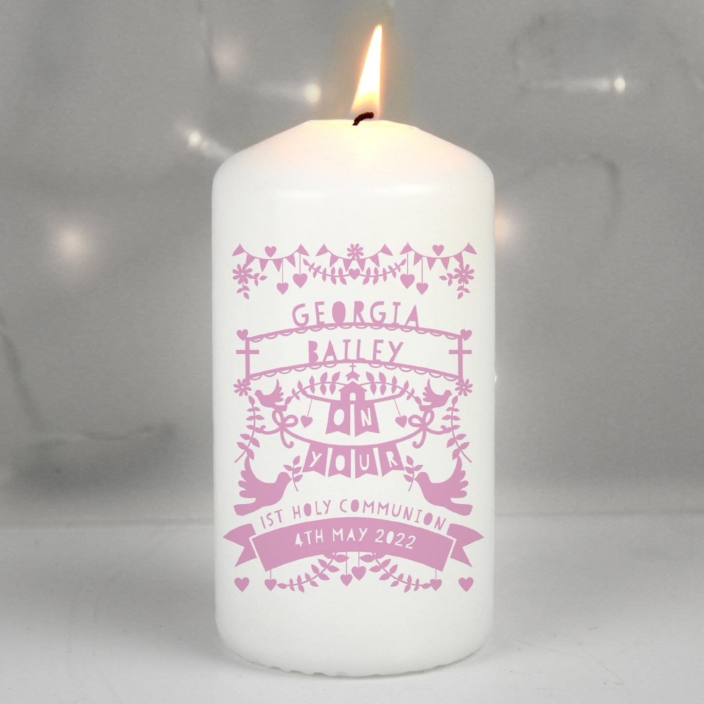 Personalised Pink Papercut Style Pillar Candle