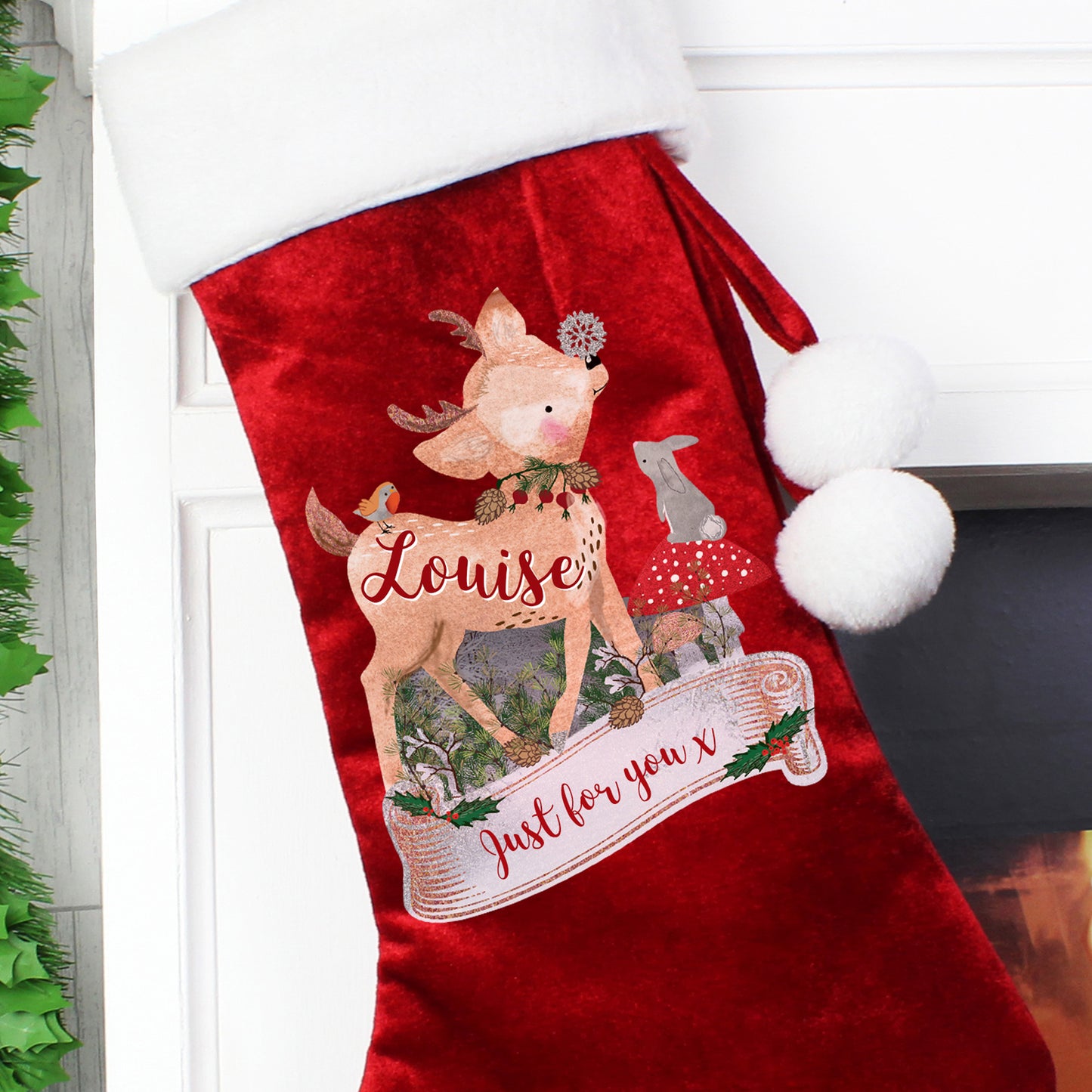 Personalised Festive Fawn Luxury Red Stocking