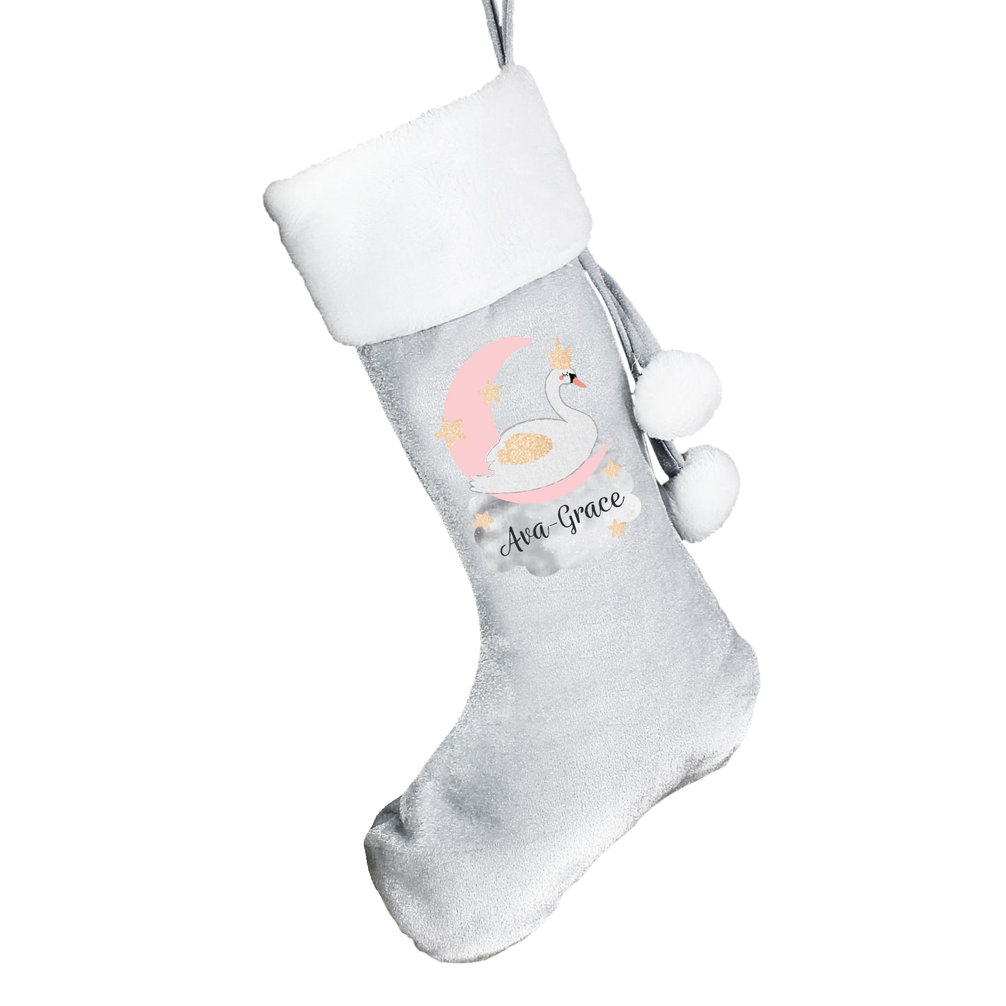 Personalised Swan Lake Luxury Silver Grey Stocking