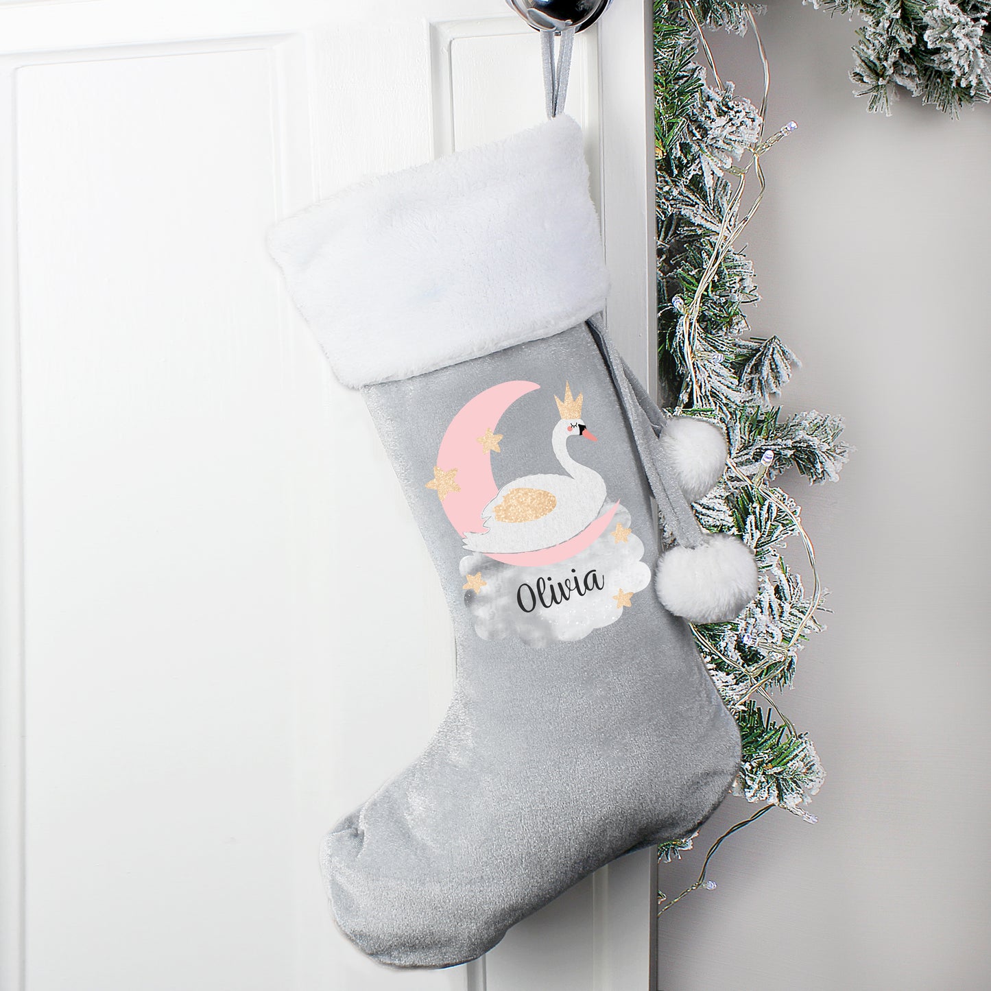 Personalised Swan Lake Luxury Silver Grey Stocking