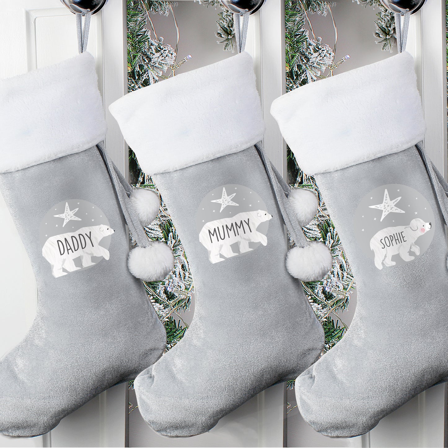 Personalised Baby Polar Bear Luxury Silver Grey Stocking