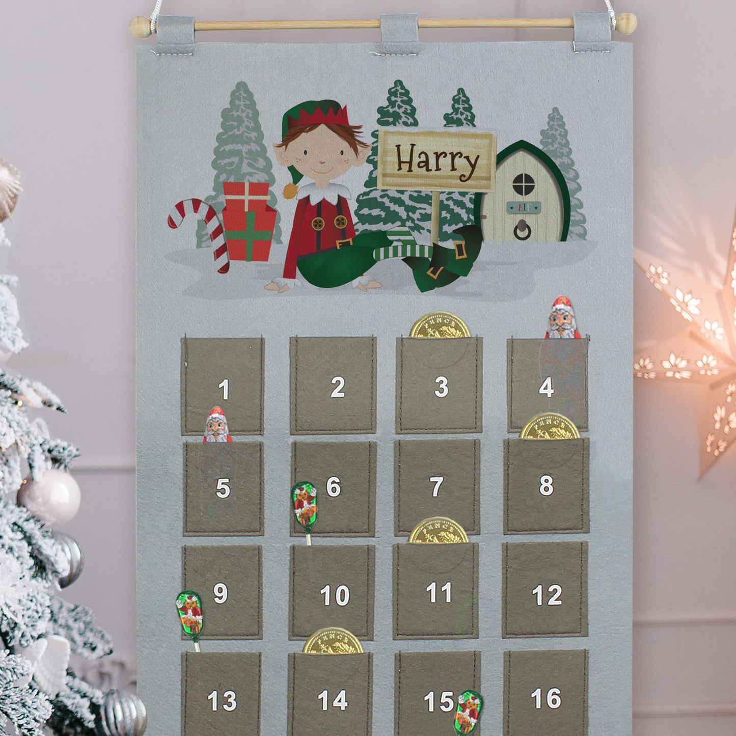 Personalised Elf Advent Calendar In Silver Grey