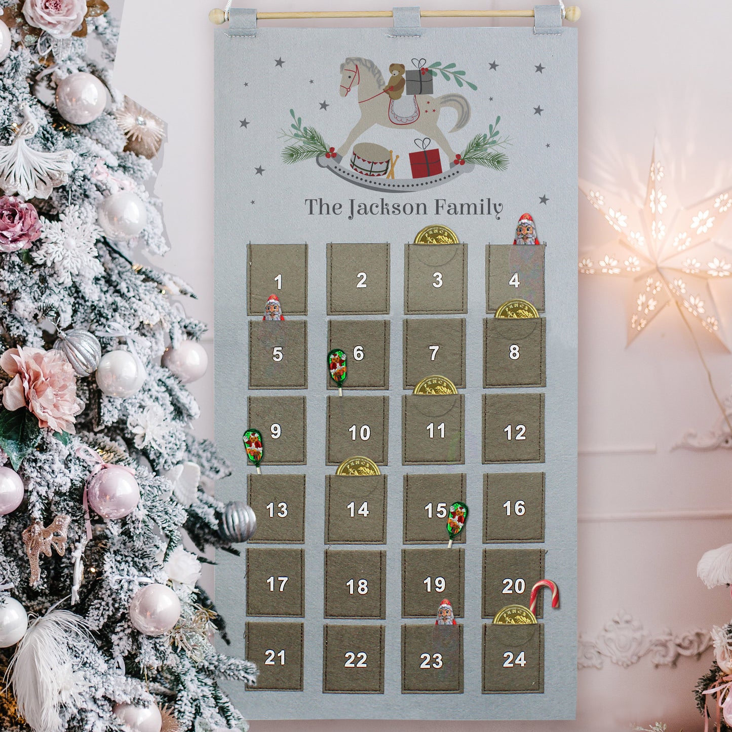 Personalised Rocking Horse Advent Calendar In Silver Grey