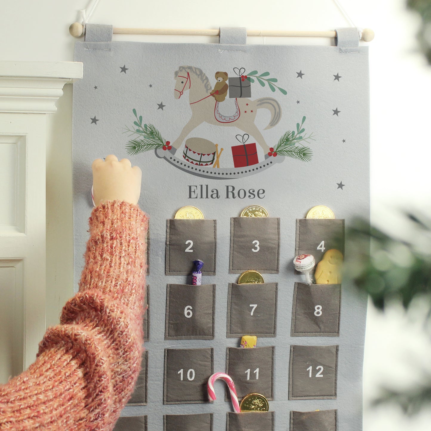 Personalised Rocking Horse Advent Calendar In Silver Grey