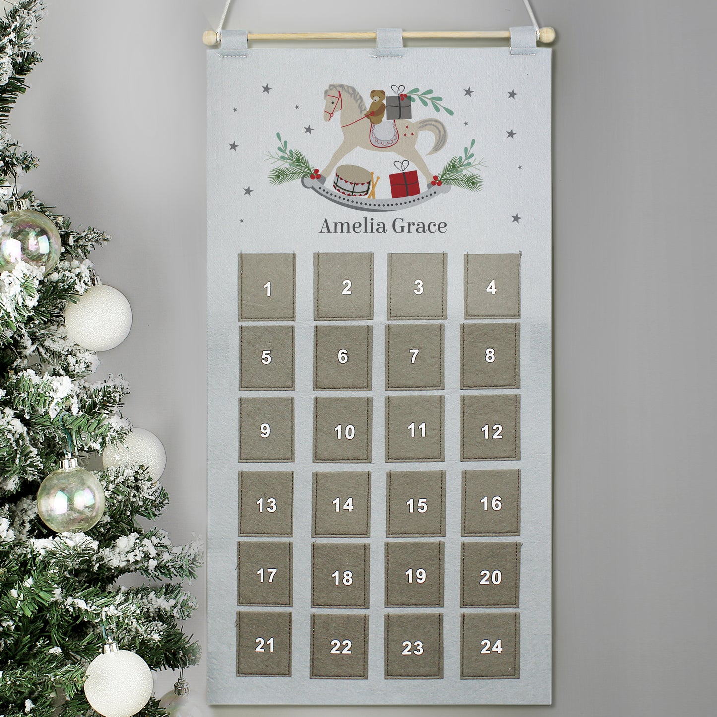 Personalised Rocking Horse Advent Calendar In Silver Grey