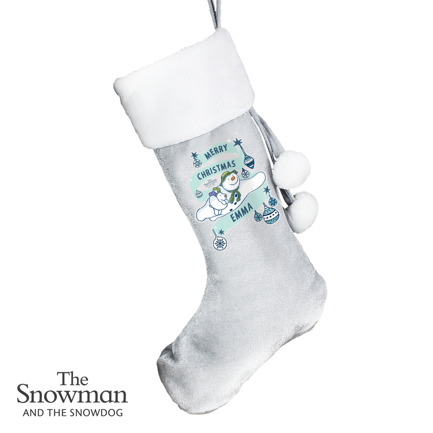 Personalised The Snowman and the Snowdog Luxury Silver Grey Stocking